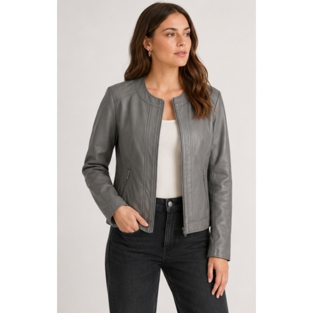 Revue Grey Vegan Leather Edgy Contemporary Moto Jacket Medium Bikercore Sleek